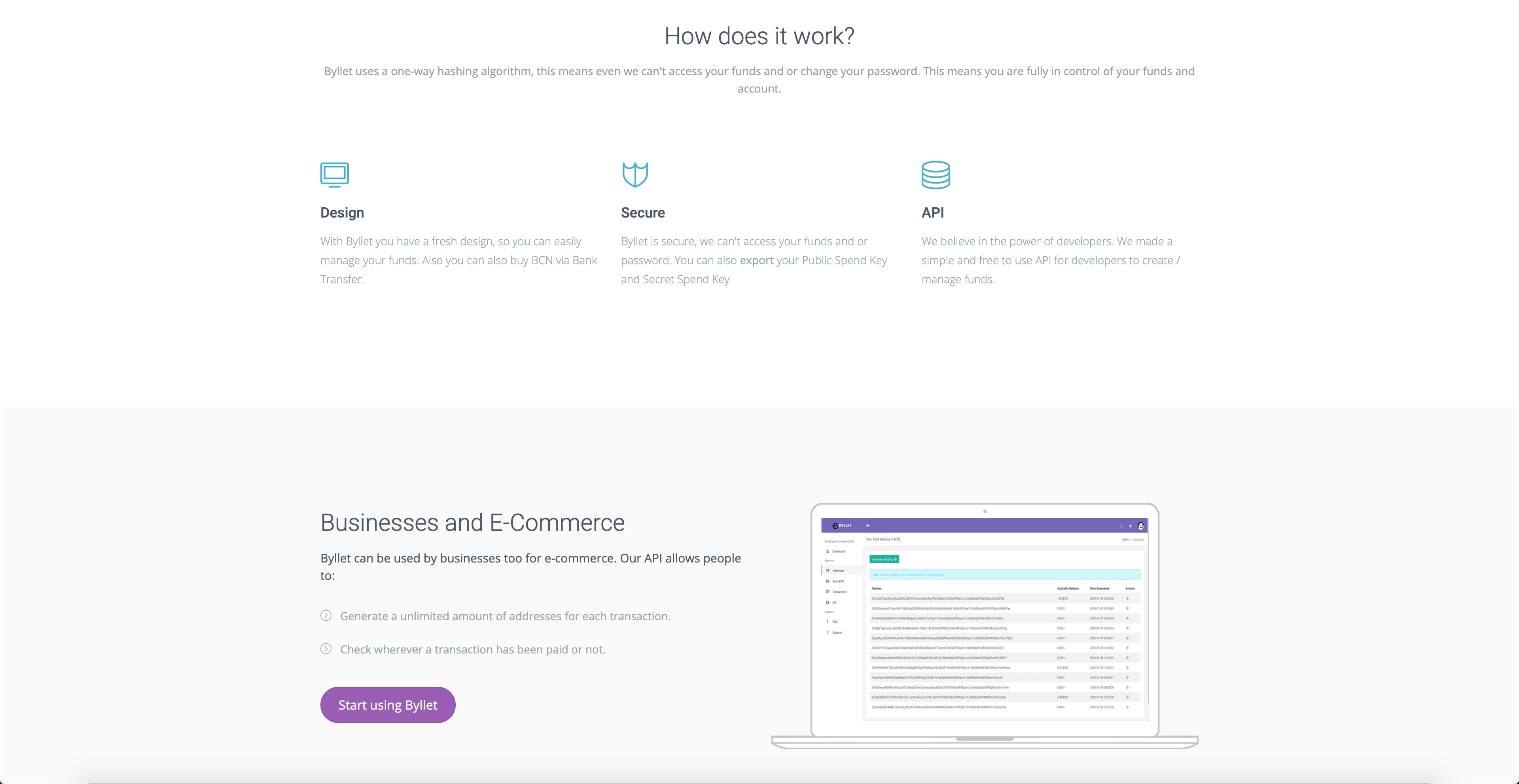Screenshot van Byllet cryptocurrency web wallet interface