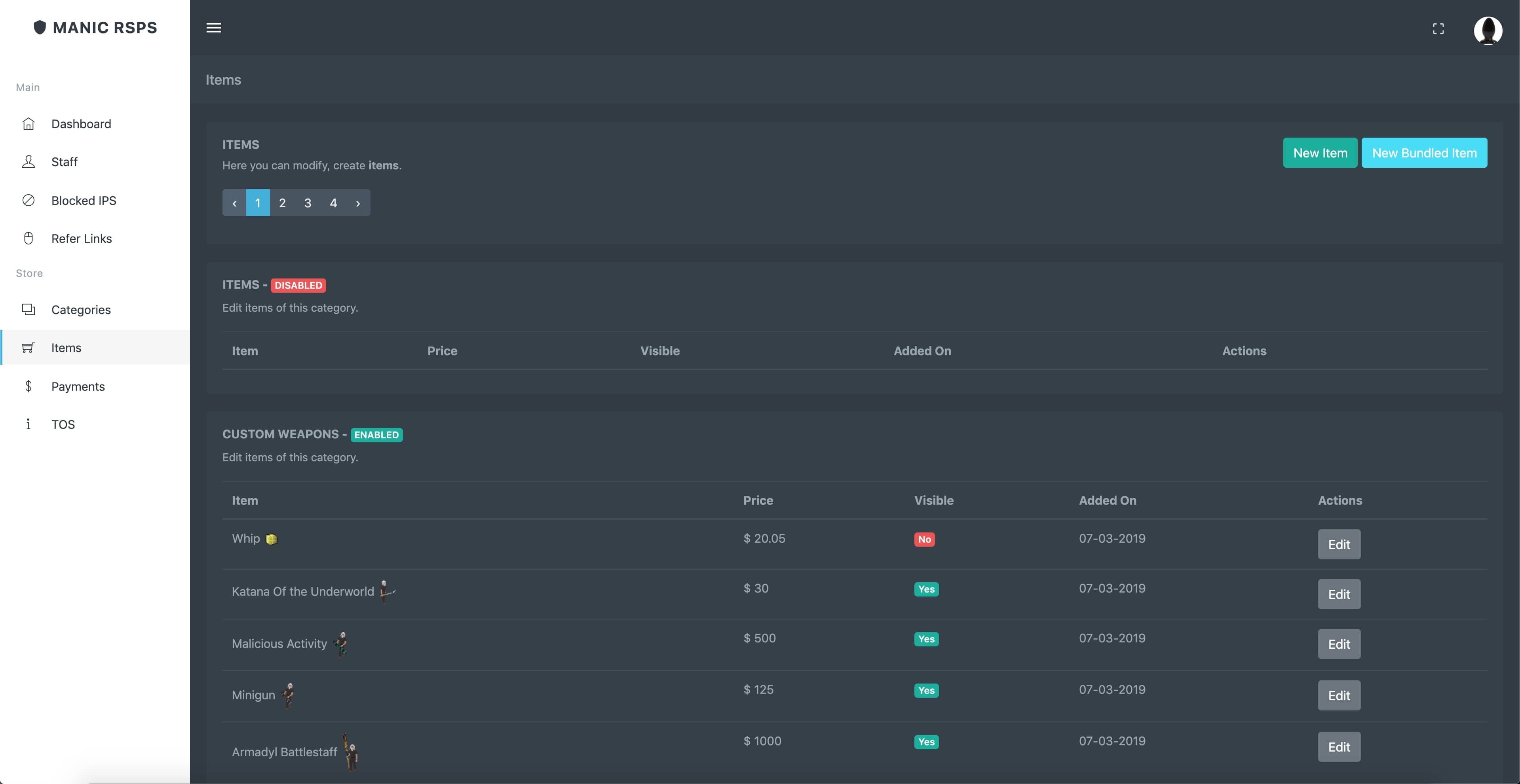 Screenshot van Manic Store admin dashboard